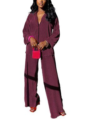 🆕Women's Wine Red Casual 2 Piece Outfit Linen Long Sleeve Button Down Shirt